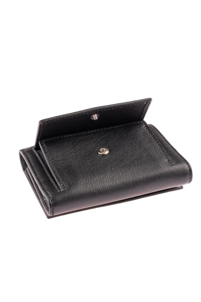 Black Genuine Leather Card Holder and ID Section Small Wallet with Coin Pocket