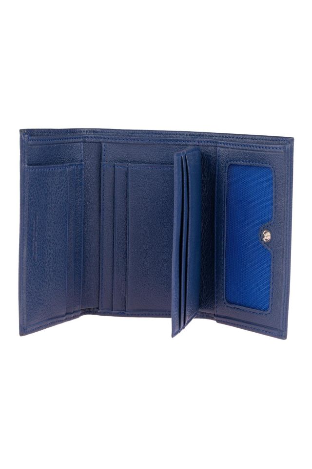 Blue Genuine Leather Card Holder and ID Section Small Wallet with Coin Pocket