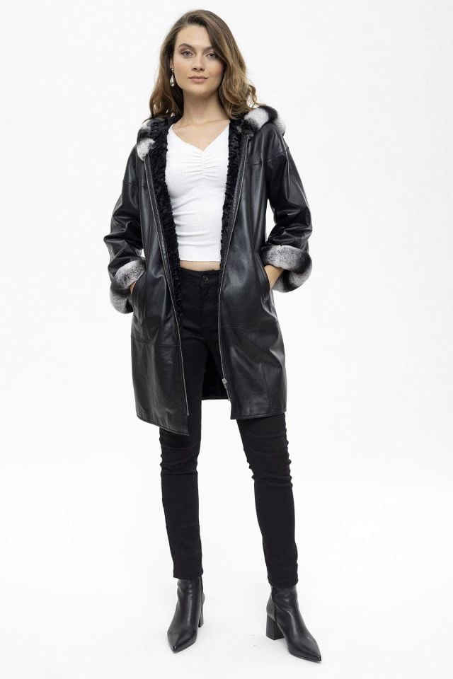 Black Hillary Wide Cut Inside Fabric Reversible Hood and Cuff Fur Woman Genuine Leather Coat