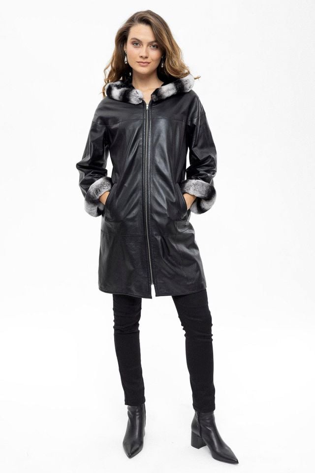 Black Hillary Wide Cut Inside Fabric Reversible Hood and Cuff Fur Woman Genuine Leather Coat