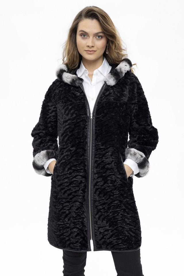 Black Hillary Wide Cut Inside Fabric Reversible Hood and Cuff Fur Woman Genuine Leather Coat