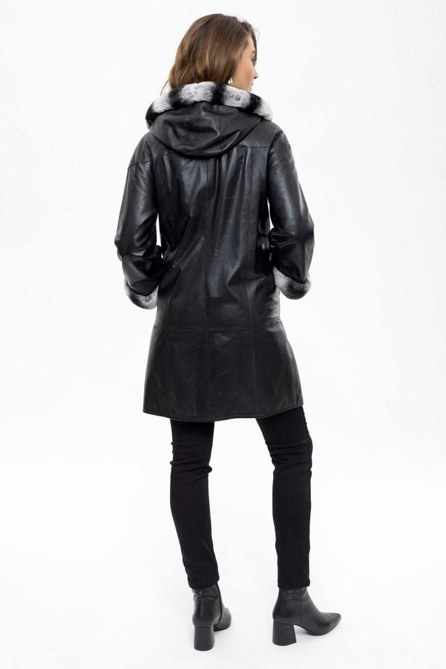 Black Hillary Wide Cut Inside Fabric Reversible Hood and Cuff Fur Woman Genuine Leather Coat