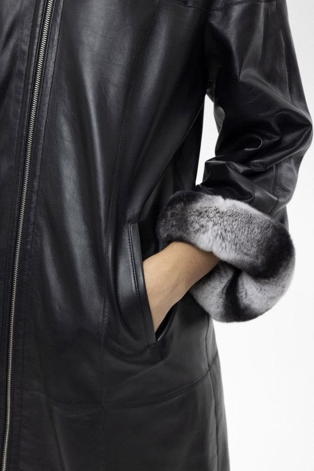 Black Hillary Wide Cut Inside Fabric Reversible Hood and Cuff Fur Woman Genuine Leather Coat