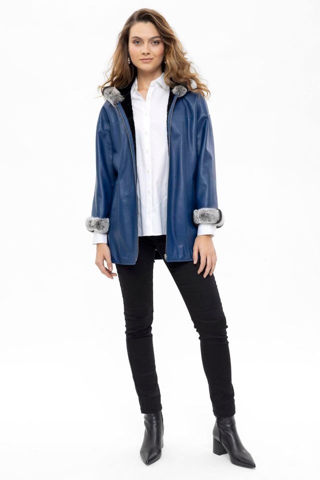 Blue Perla Reversible Woman  Genuine Leather Medium Length Coat