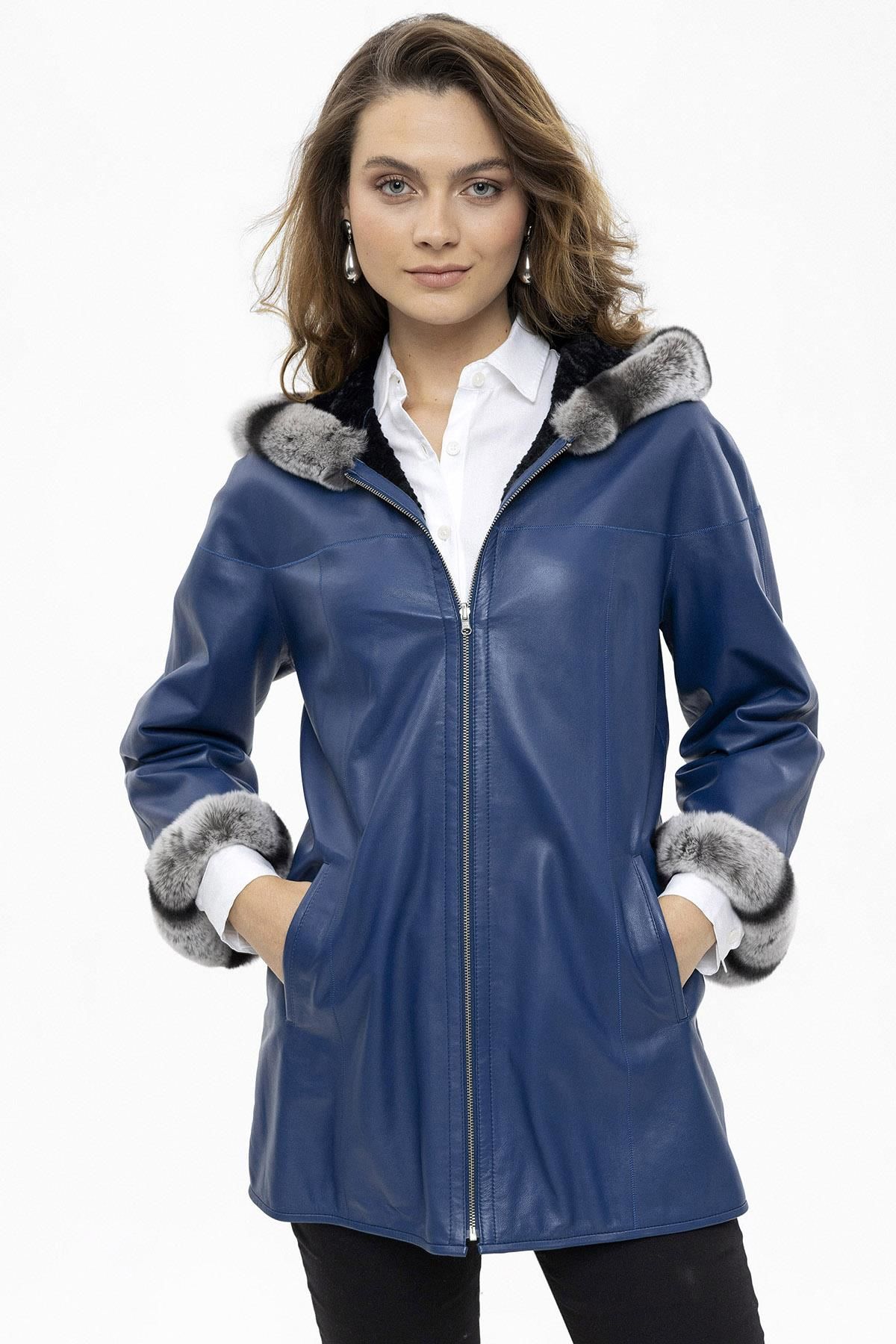 Blue Perla Reversible Woman  Genuine Leather Medium Length Coat