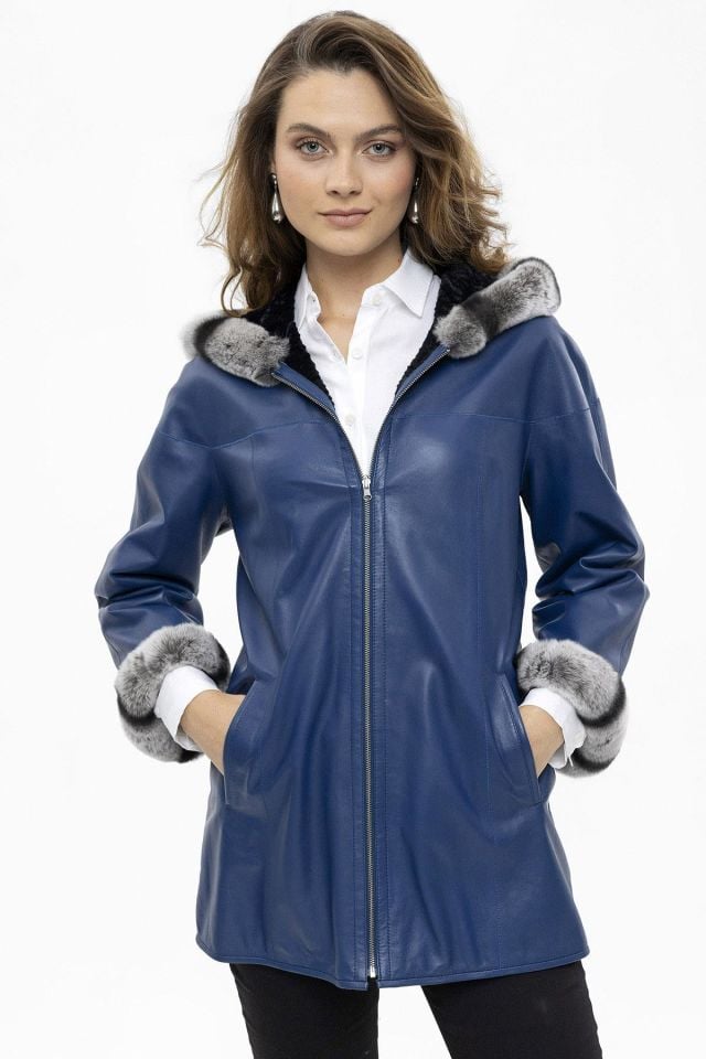 Blue Perla Reversible Woman  Genuine Leather Medium Length Coat