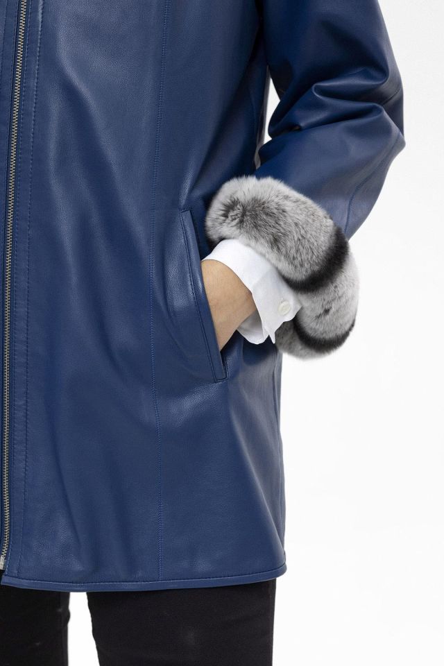Blue Perla Reversible Woman  Genuine Leather Medium Length Coat