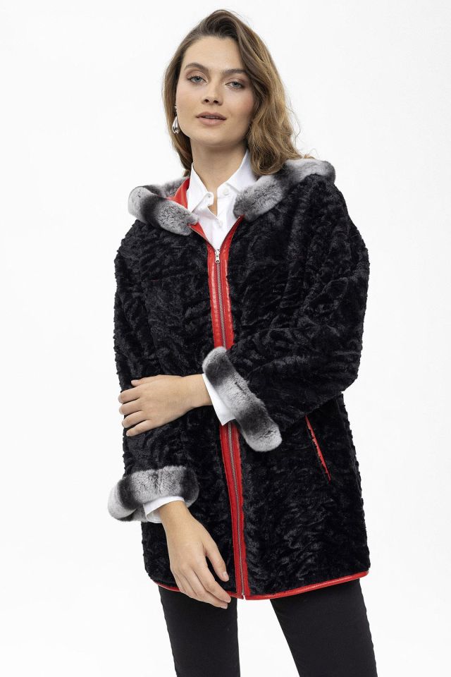 Red Perla Reversible Woman  Genuine Leather Medium Length Coat