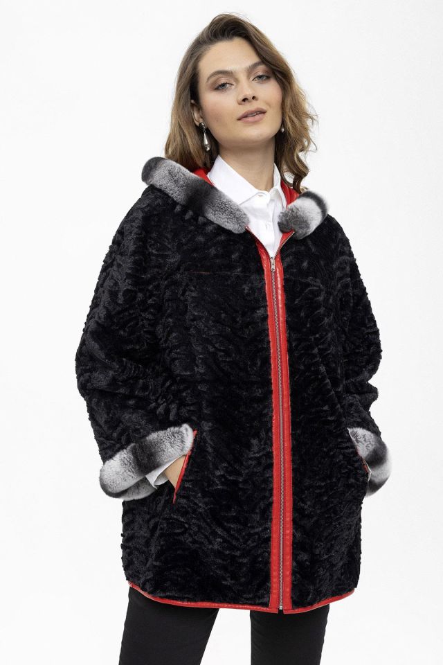 Red Perla Reversible Woman  Genuine Leather Medium Length Coat