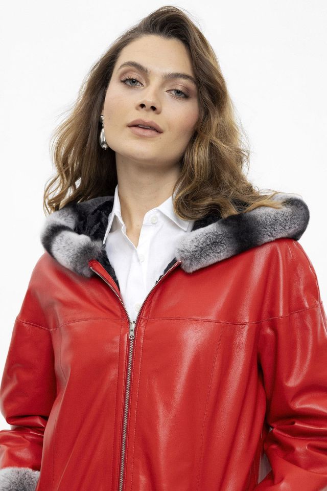 Red Perla Reversible Woman  Genuine Leather Medium Length Coat