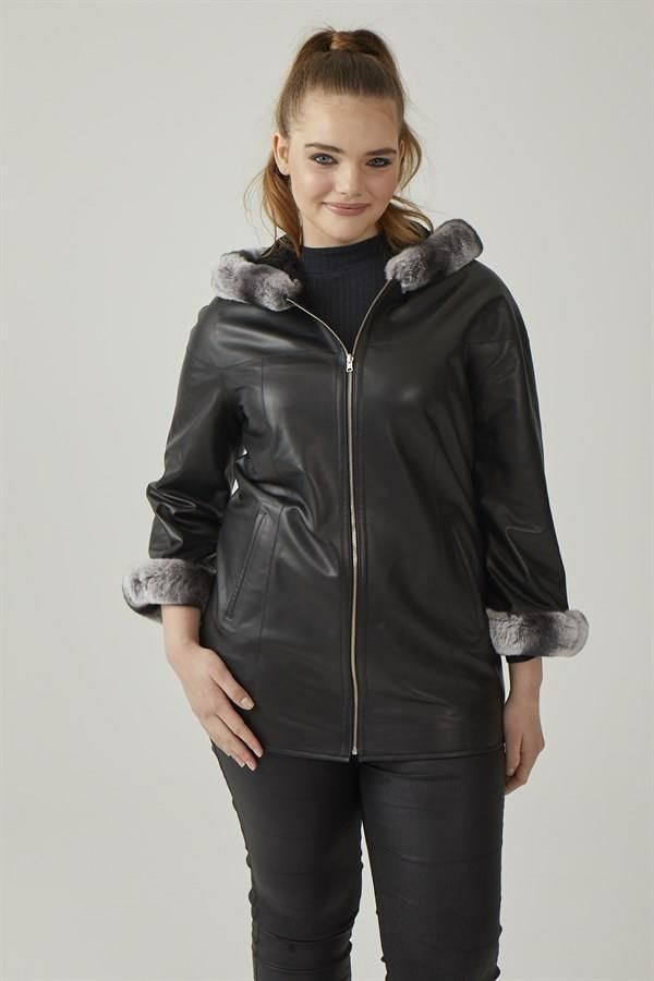 Black Perla Reversible Woman  Genuine Leather Medium Length Coat