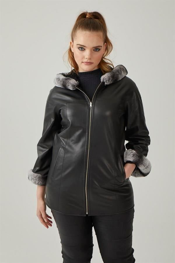 Black Perla Reversible Woman  Genuine Leather Medium Length Coat