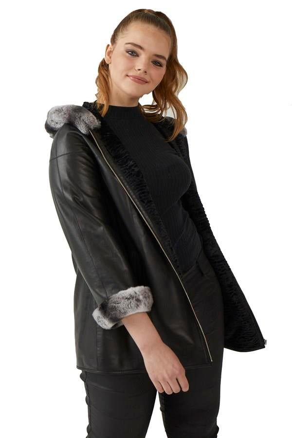 Black Perla Reversible Woman  Genuine Leather Medium Length Coat