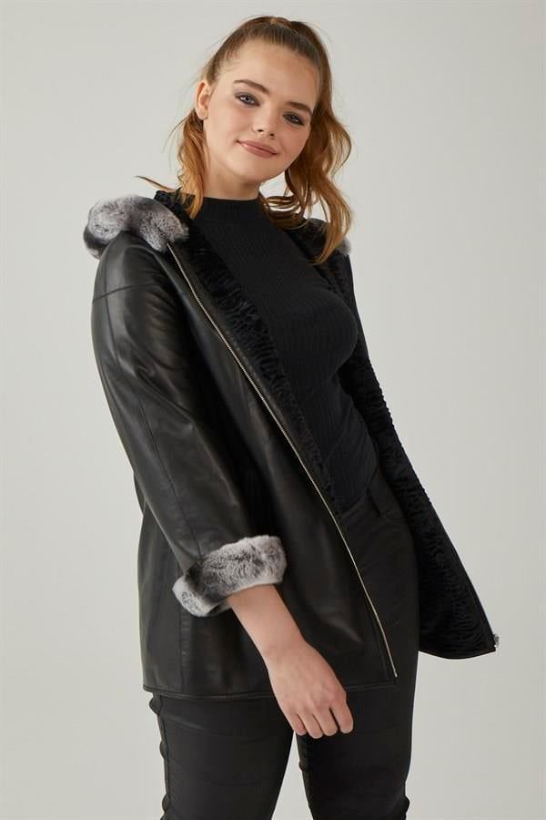 Black Perla Reversible Woman  Genuine Leather Medium Length Coat
