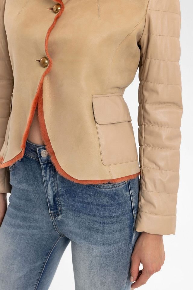 Clima Beige Leather Orange Feathered Genuine Leather Coat