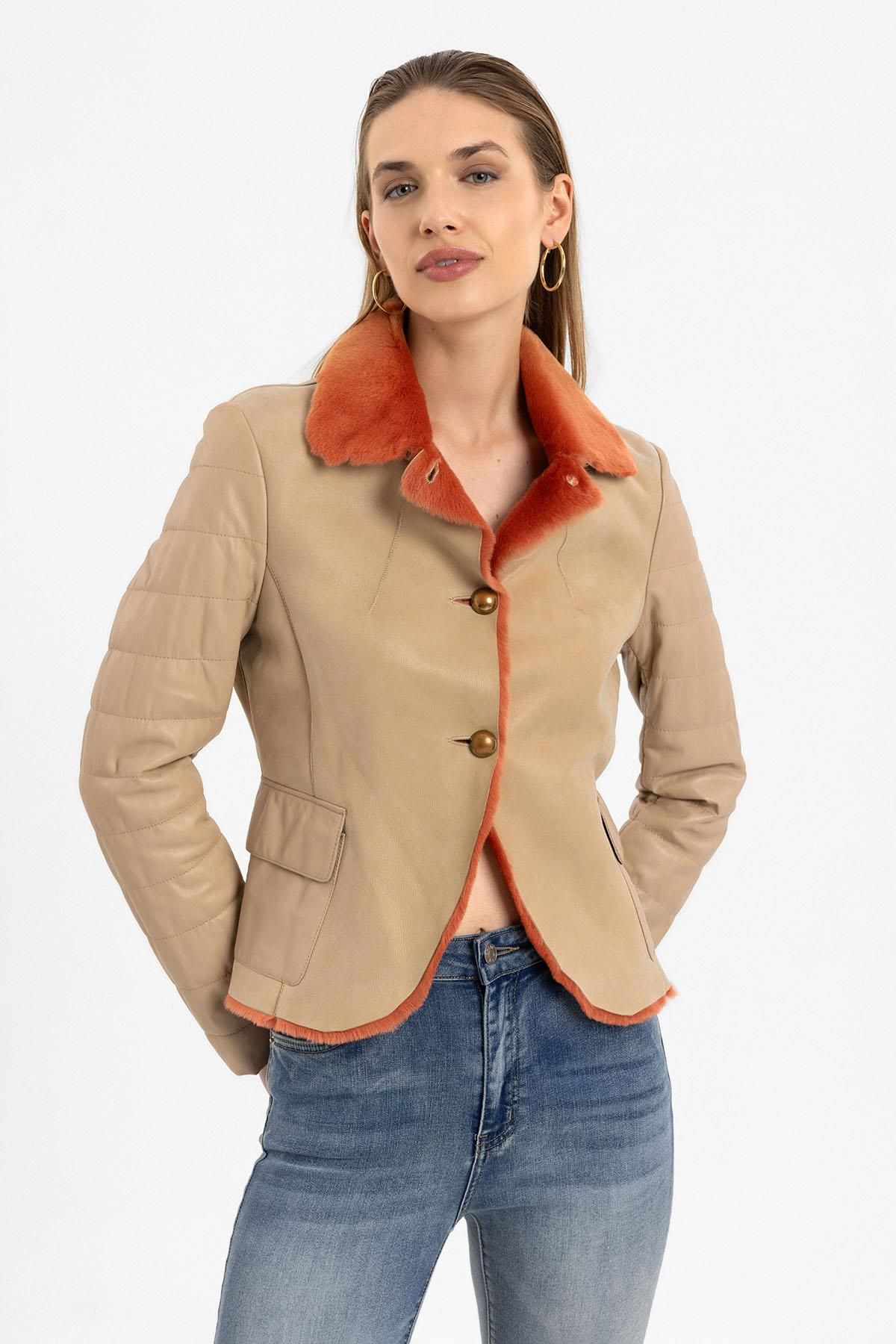Clima Beige Leather Orange Feathered Genuine Leather Coat