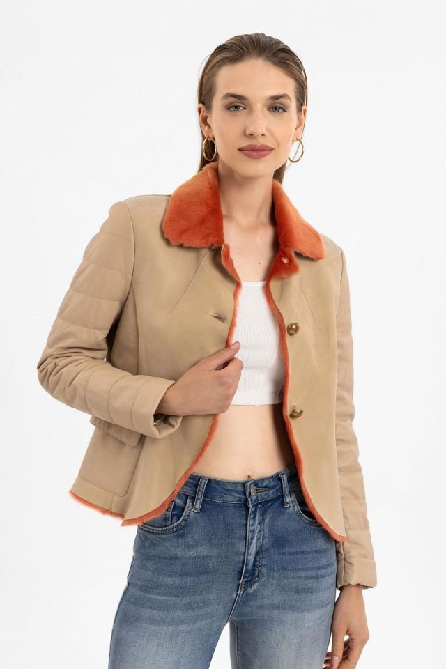 Clima Beige Leather Orange Feathered Genuine Leather Coat