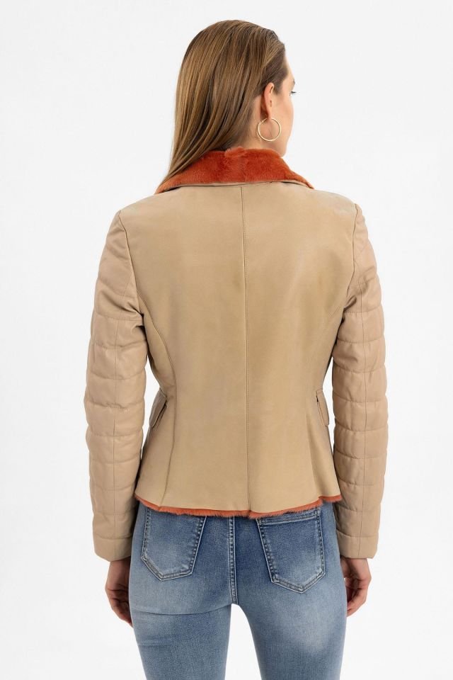 Clima Beige Leather Orange Feathered Genuine Leather Coat