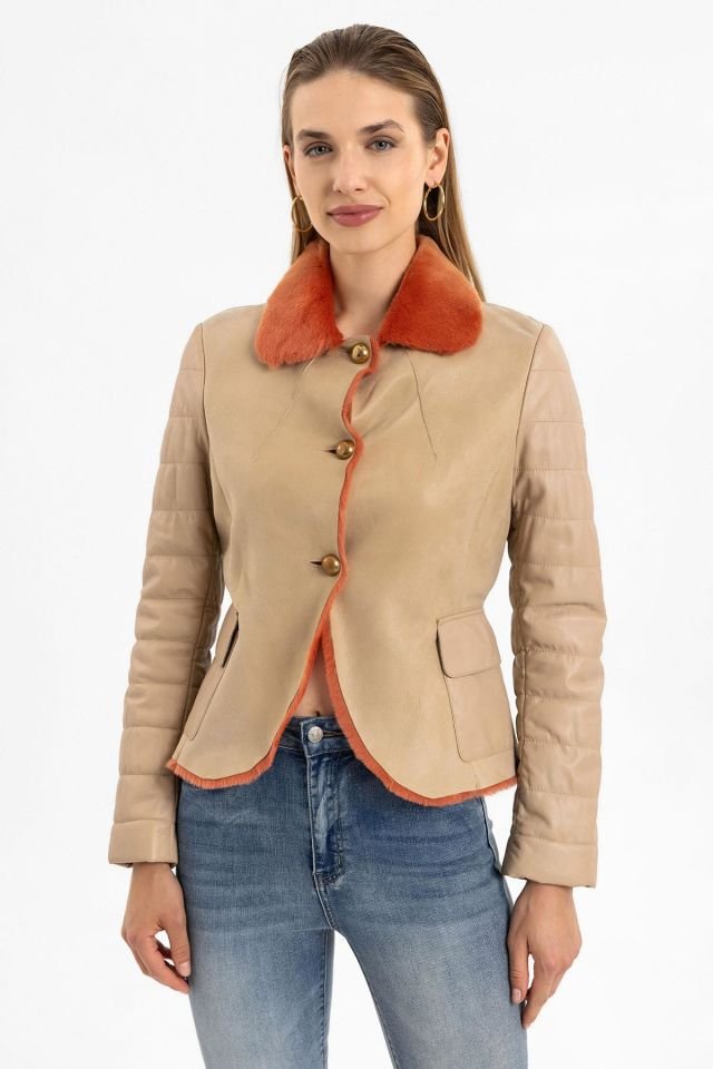 Clima Beige Leather Orange Feathered Genuine Leather Coat