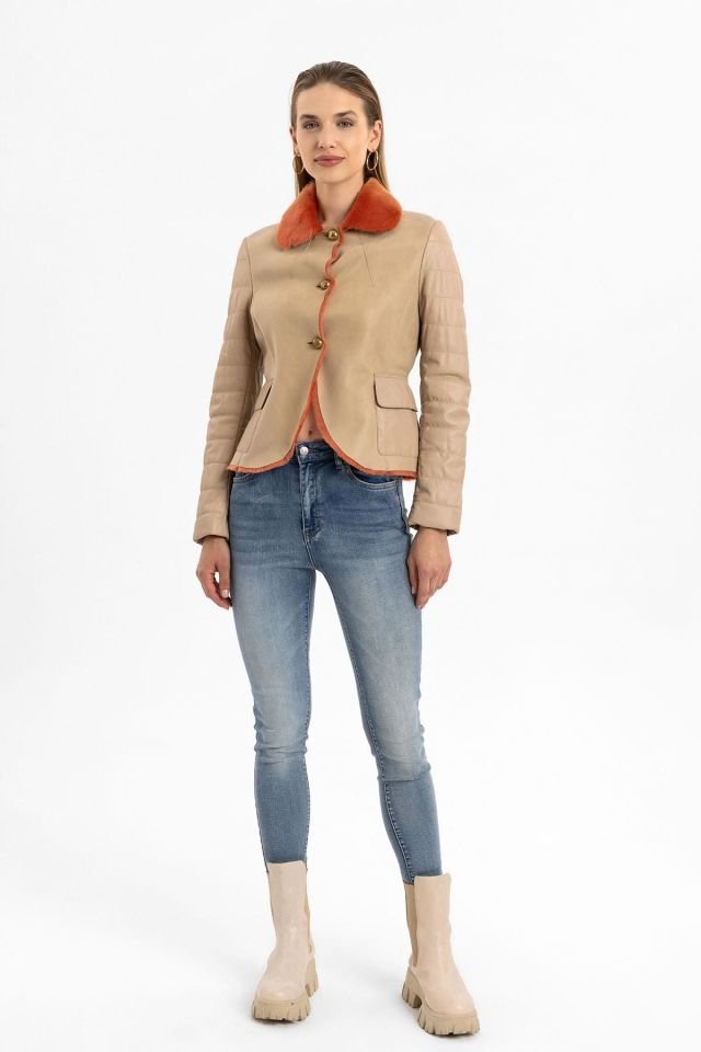 Clima Beige Leather Orange Feathered Genuine Leather Coat