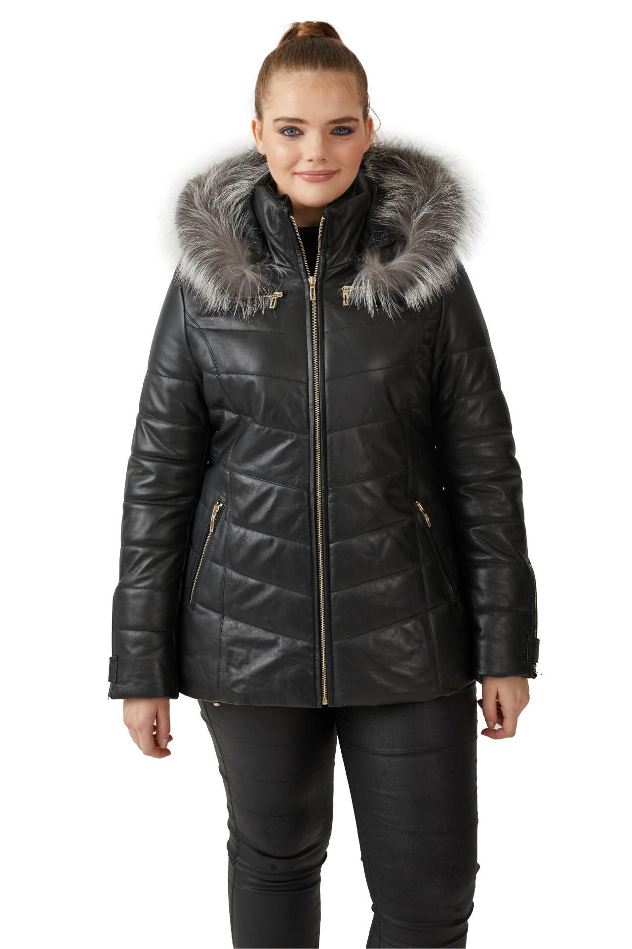 Black Serena Woman Hooded Genuine Leather Coat