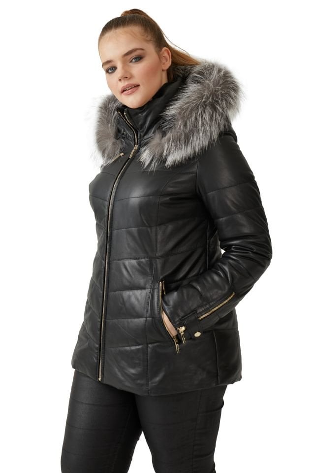 Black Serena Woman Hooded Genuine Leather Coat