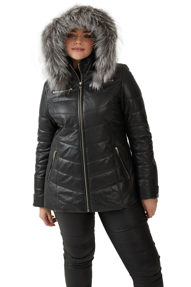 Black Serena Woman Hooded Genuine Leather Coat