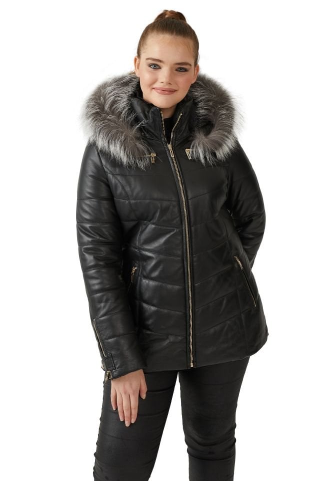 Black Serena Woman Hooded Genuine Leather Coat