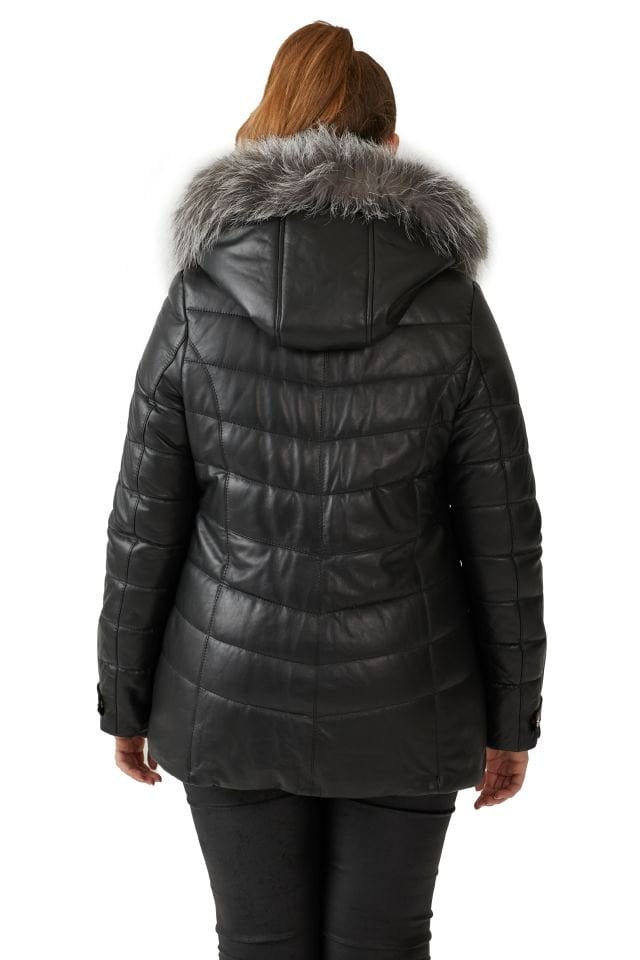 Black Serena Woman Hooded Genuine Leather Coat
