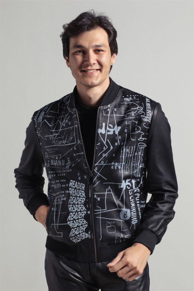 Black Mixed Pattern Printed Man Genuine Leather Jacket