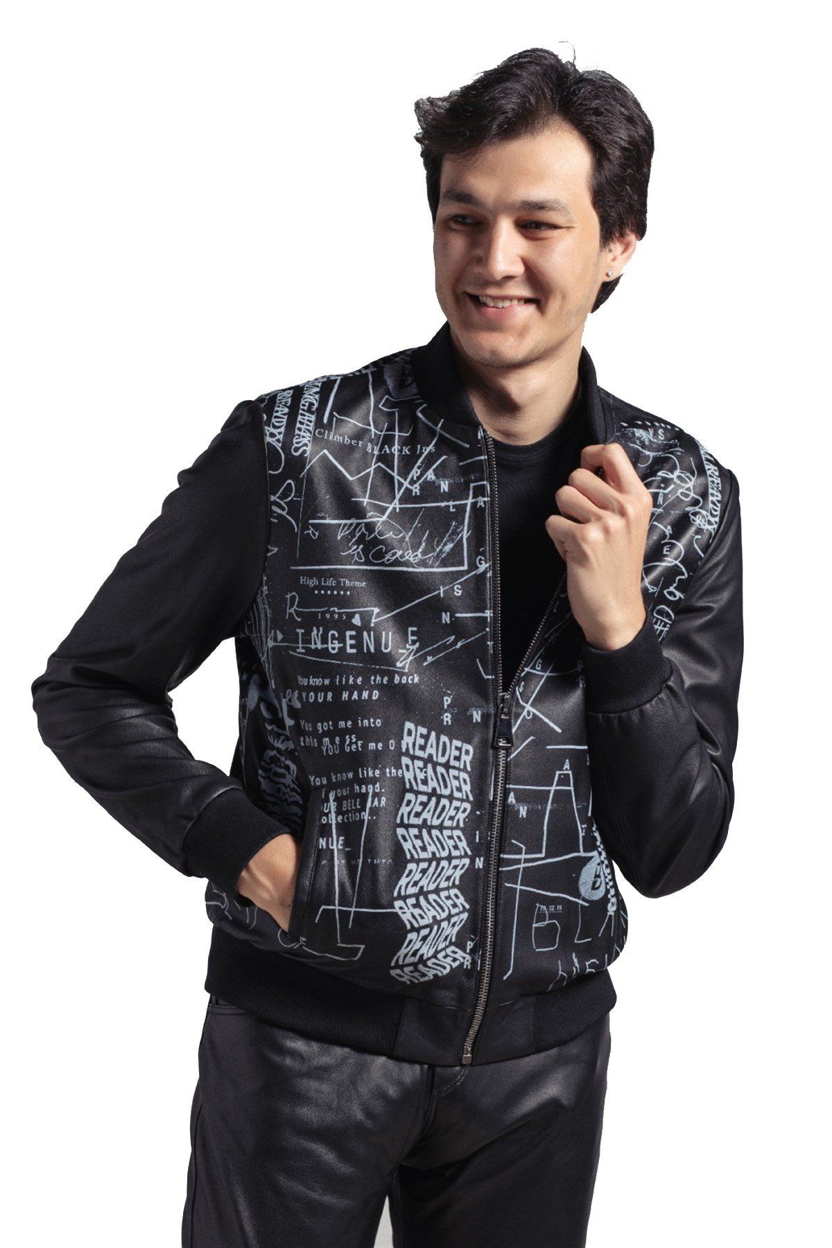 Black Mixed Pattern Printed Man Genuine Leather Jacket