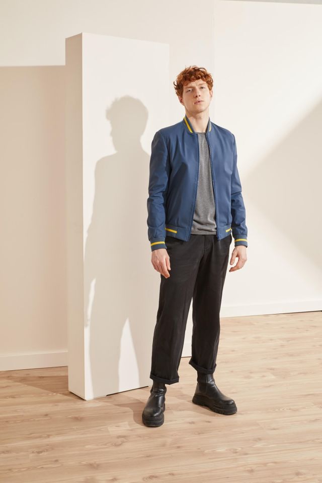 Navy Blue Seoul Printed Man Genuine Leather Jacket