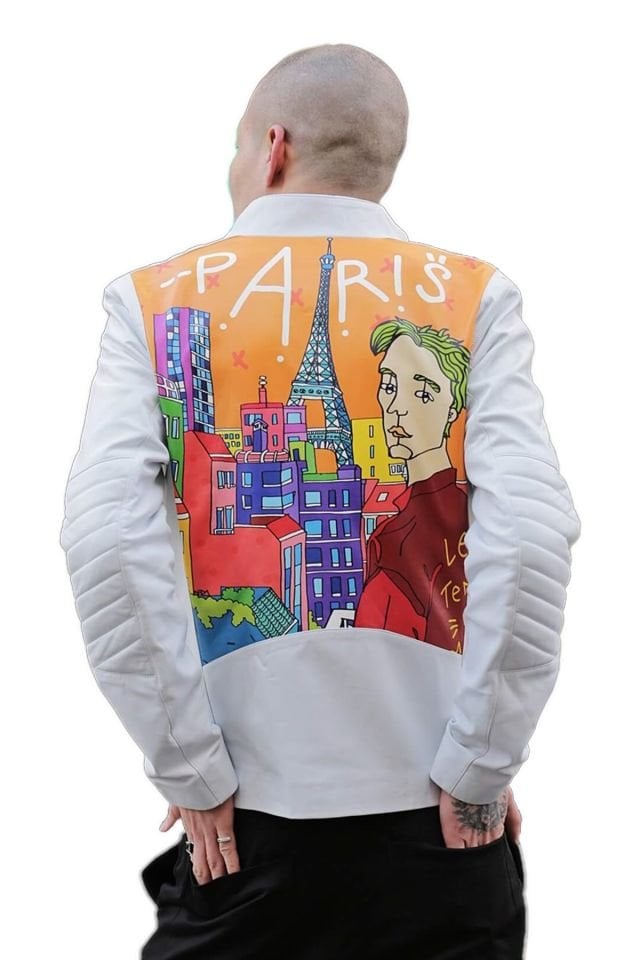White Paris Printed Man Genuine Leather Jacket