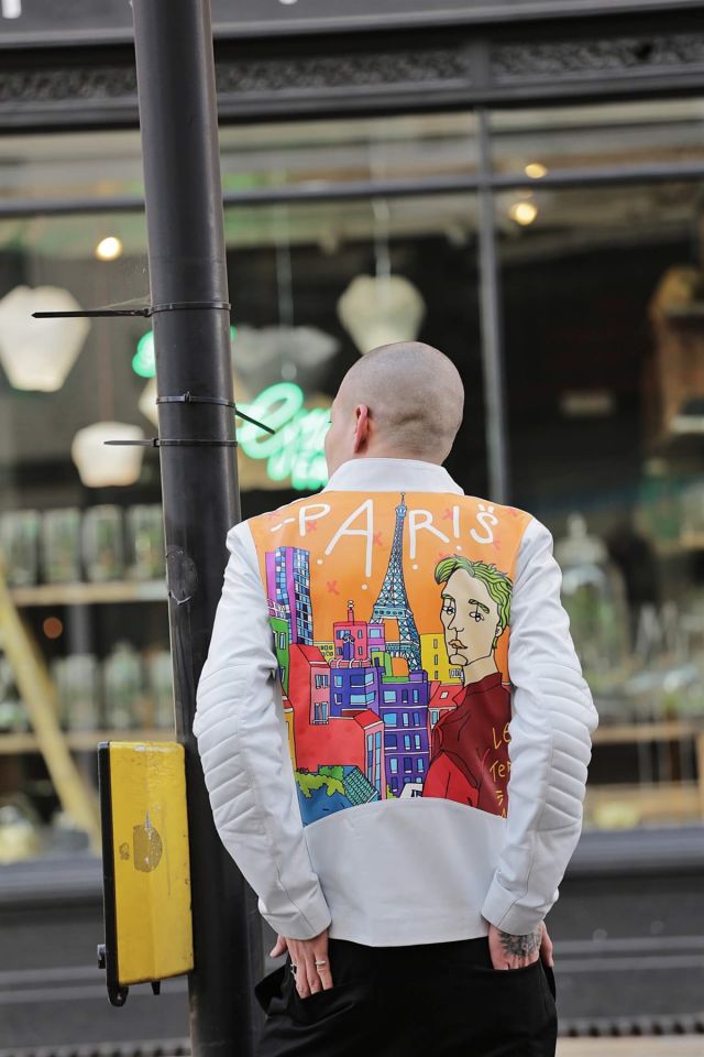 White Paris Printed Man Genuine Leather Jacket