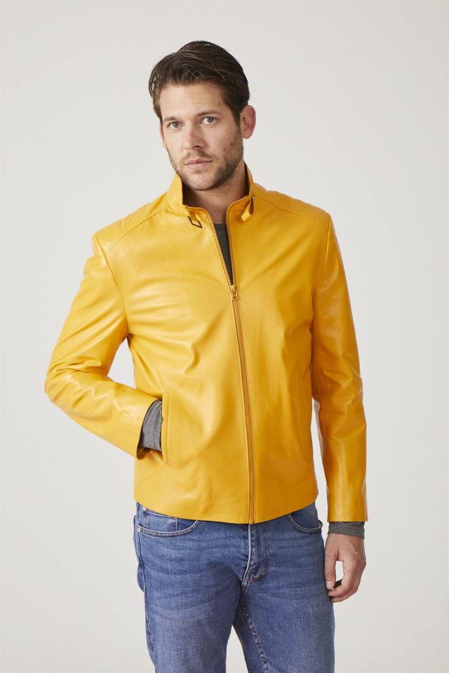 Yellow London Printed Man Genuine Leather Jacket