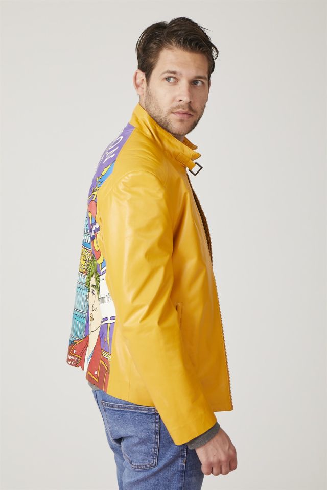 Yellow London Printed Man Genuine Leather Jacket
