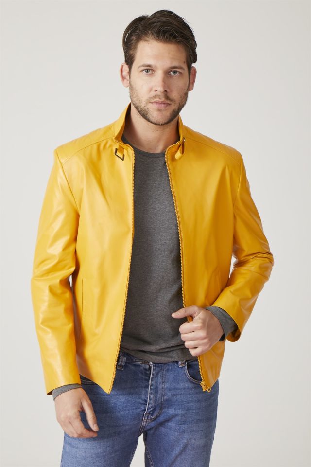 Yellow London Printed Man Genuine Leather Jacket