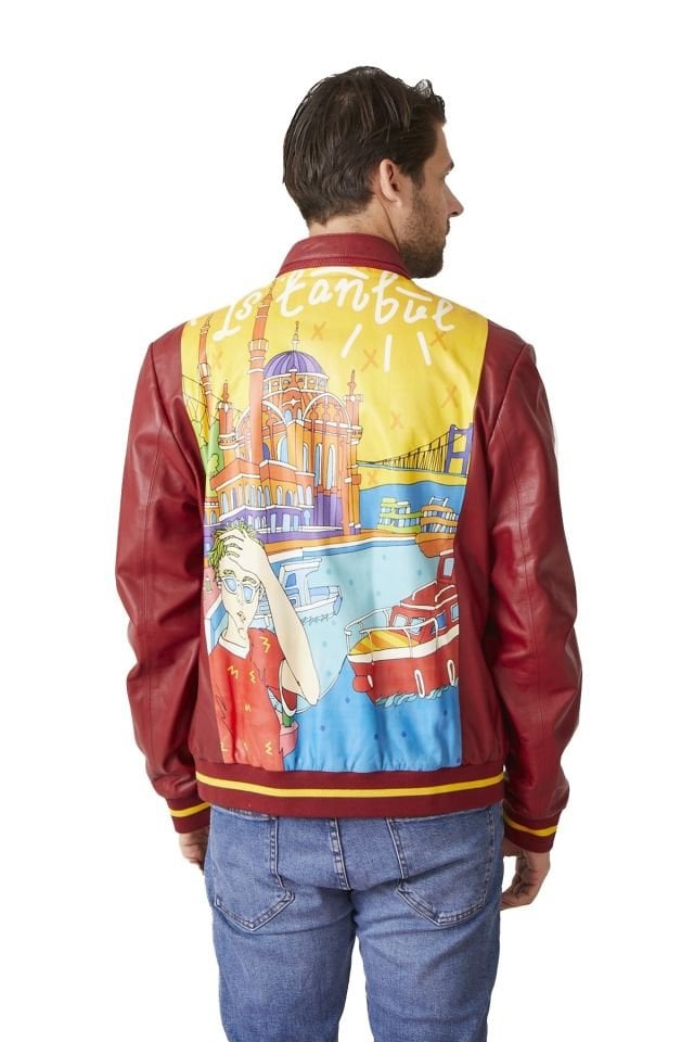 Red Istanbul Printed Man Genuine Leather Jacket