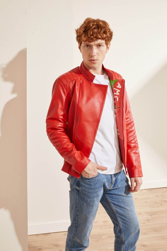 Red Amsterdam Printed Man Genuine Leather Jacket
