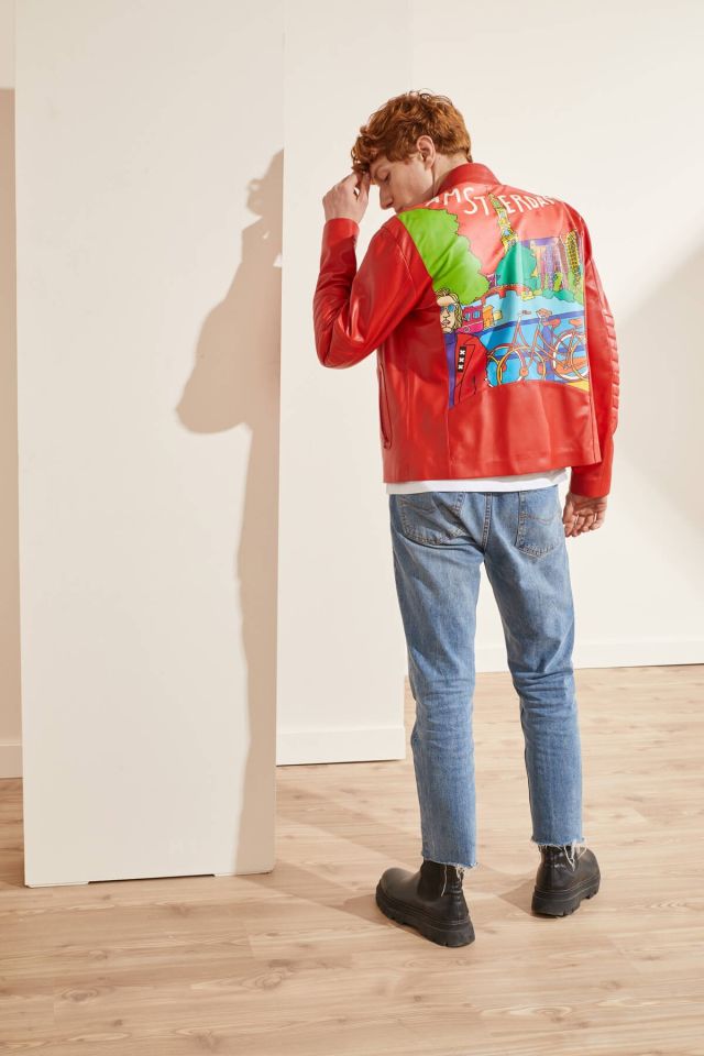 Red Amsterdam Printed Man Genuine Leather Jacket