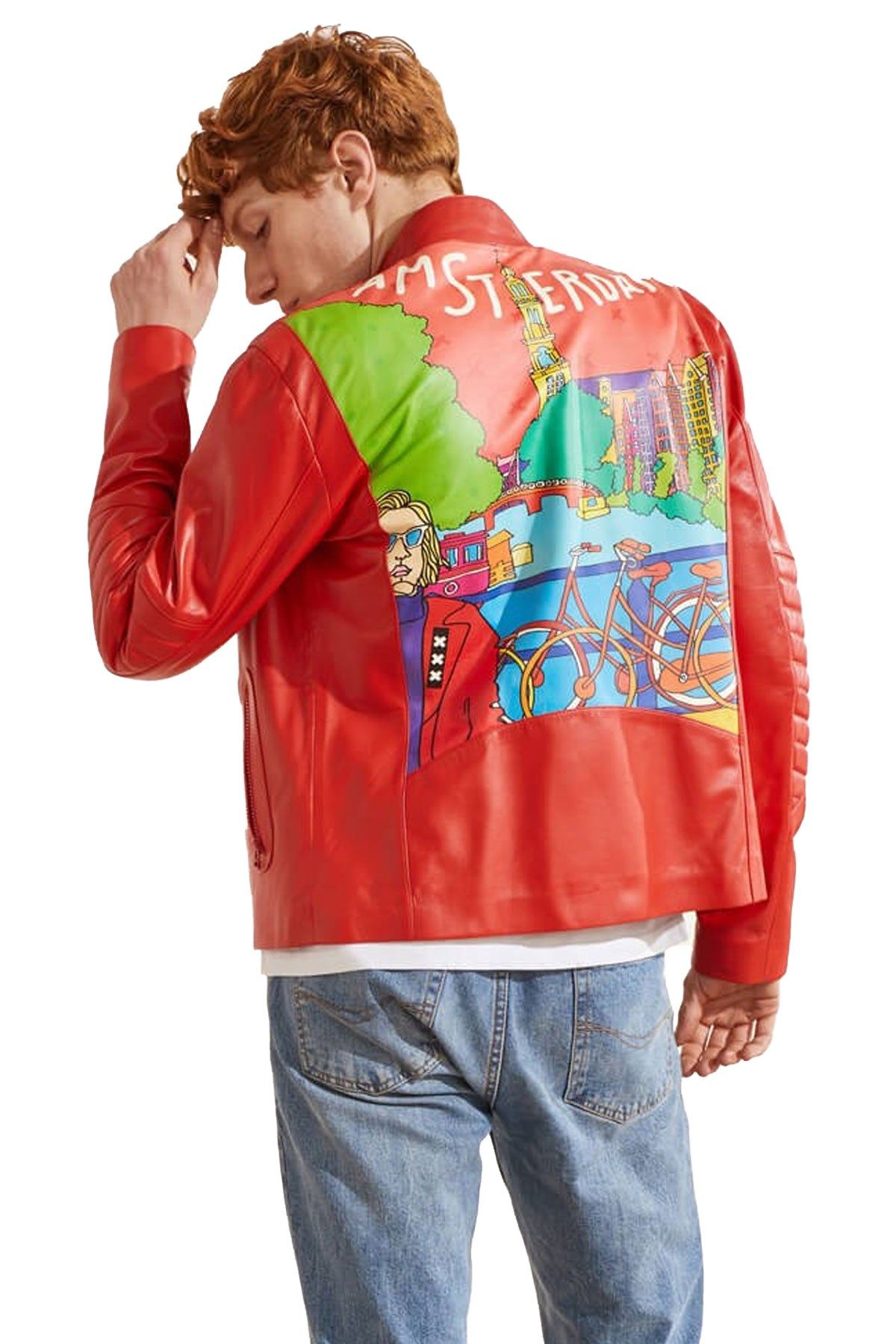 Red Amsterdam Printed Man Genuine Leather Jacket