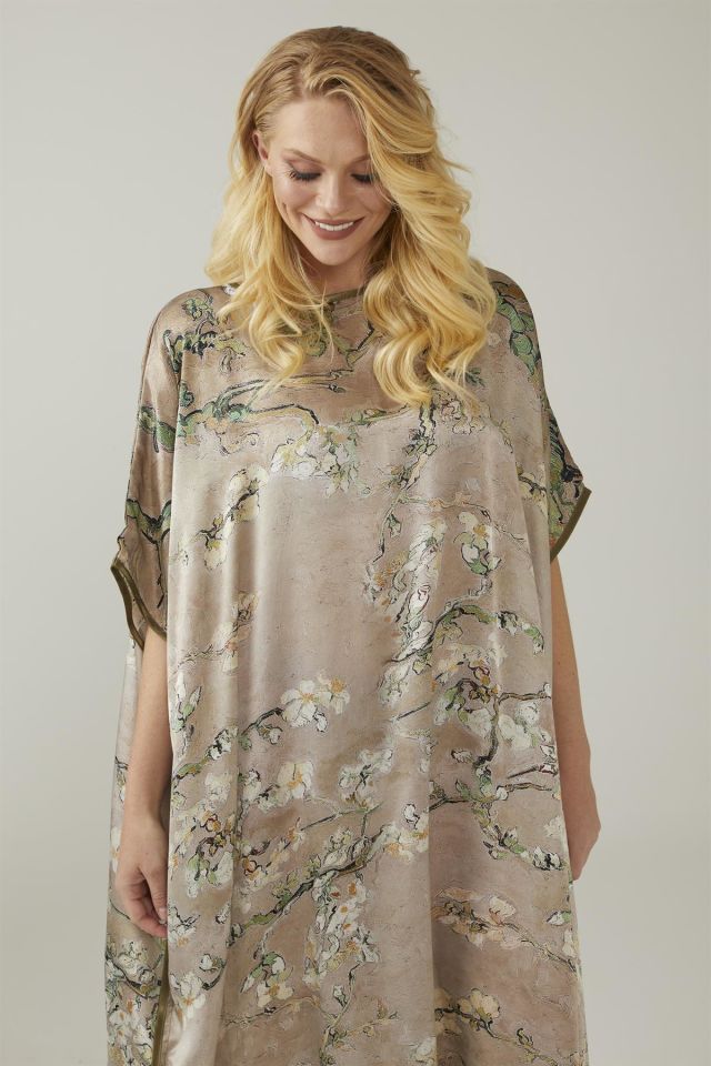 Beige Van Gogh Almond Blossoms Silk Dress