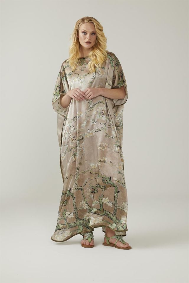 Beige Van Gogh Almond Blossoms Silk Dress