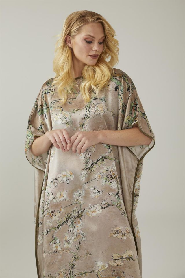 Beige Van Gogh Almond Blossoms Silk Dress