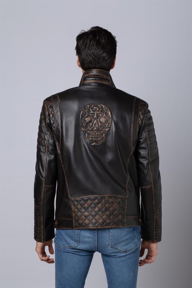 Black Vintage Skull Embossed Francis Man Genuine Leather Biker Jacket