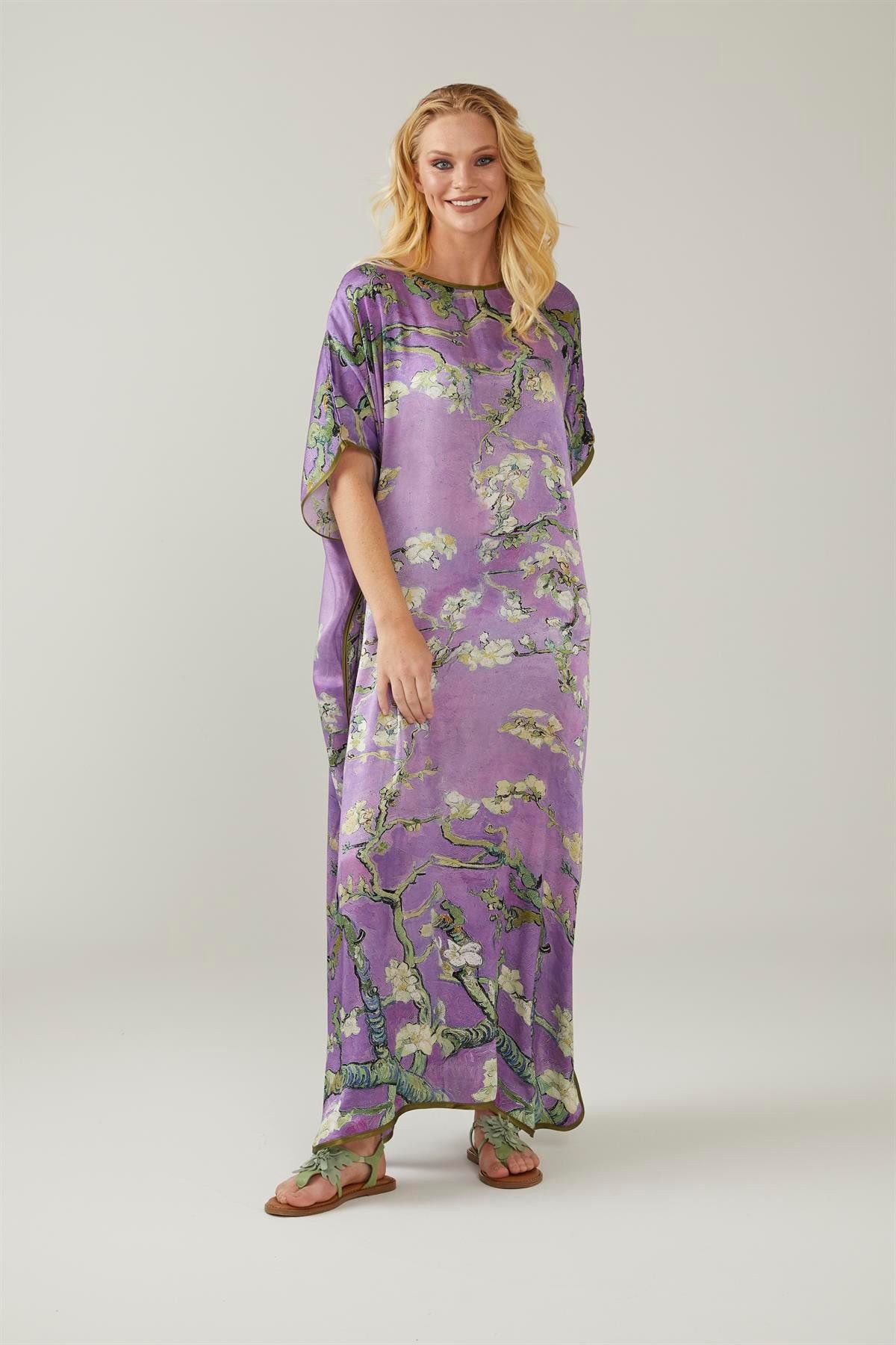 Purple Van Gogh Almond Blossoms Silk Dress