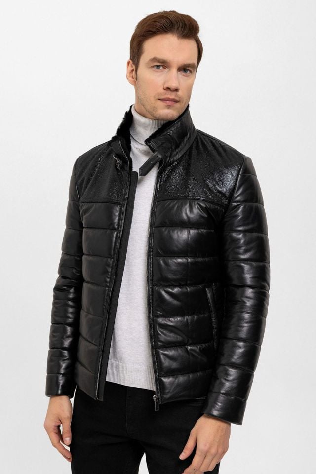 Renzo Black Man Genuine Leather Coat