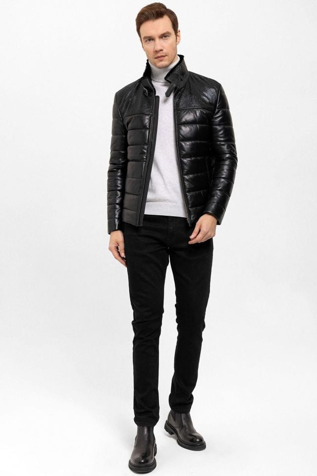 Renzo Black Man Genuine Leather Coat