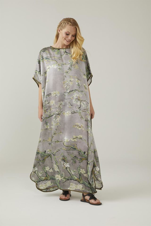 Gray Van Gogh Almond Blossoms Silk Dress