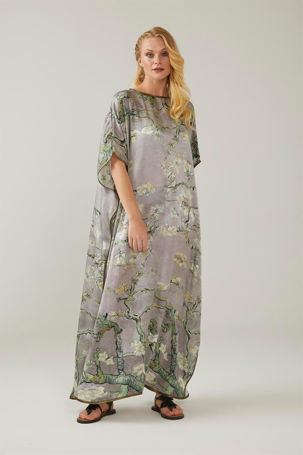 Gray Van Gogh Almond Blossoms Silk Dress